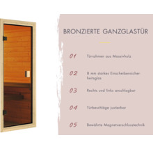 Elementsauna Karibu Bodo ohne Ofen und Dachkranz mit bronzierter Ganzglastüre
