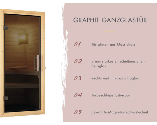 Graphit Ganzglastür mit massivem Holzrahmen und Sicherheitsglas für die Sauna