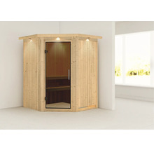 Elementsauna Karibu Callinan ohne Ofen mit Dachkranz und graphitfarbiger Ganzglastüre