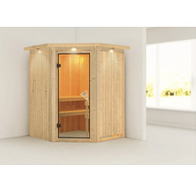 Elementsauna Karibu Callinan ohne Ofen mit Dachkranz und bronzierter Ganzglastüre