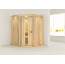 Elementsauna Karibu Callinan ohne Ofen mit Dachkranz und Holztüre mit Isolierglas wärmegedämmt