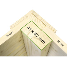 Detailansicht einer Ecke aus Holz mit Maßangaben: 19 mm und 41 x 82 mm.