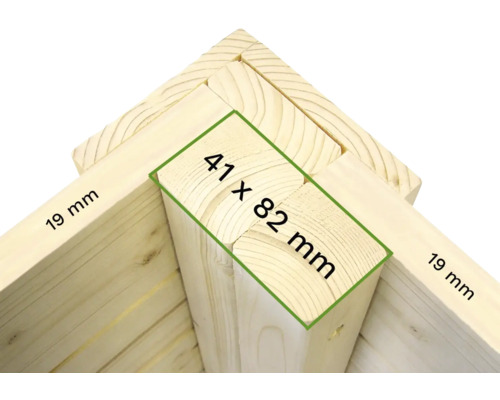 Detailansicht einer Ecke aus Holz mit Maßangaben: 19 mm und 41 x 82 mm.
