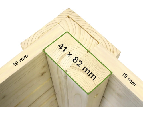 Detailansicht eines Holzrahmens mit den Maßen 41 x 82 Millimeter und 19 Millimeter