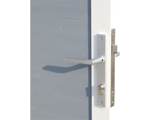 Nahaufnahme einer grauen Tür mit silbernem Türgriff und Schloss