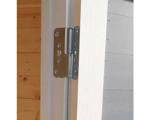 Nahaufnahme eines Türscharniers aus Metall an einer Holztür