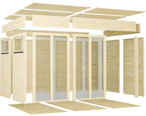 Einzelteile eines Gartenhauses aus Holz