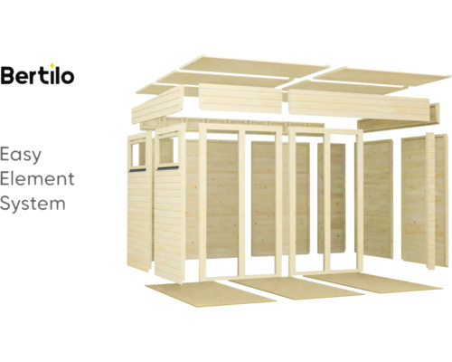 Bertilo Logo. Explosionsdarstellung eines Gartenhauses im einfachen Elementsystem.