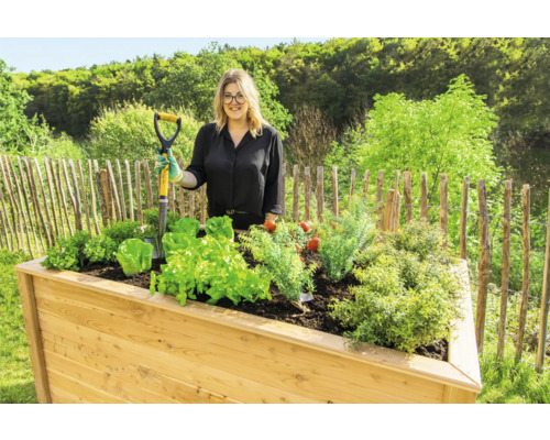 Hochbeet aus Holz mit Gemüsepflanzen und einer Frau mit Spaten