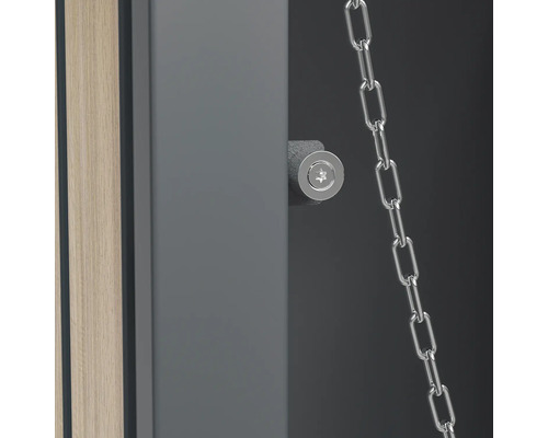 Detailansicht eines Sicherheitsschrankes mit Schloss und Kette