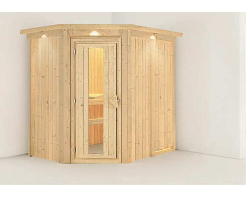 Ecksauna mit Glastür und Innenbeleuchtung aus Holz