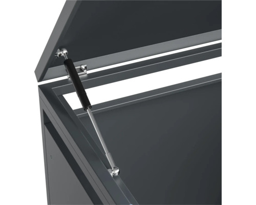 Detailansicht einer geöffneten Aufbewahrungsbox mit Gasdruckfeder