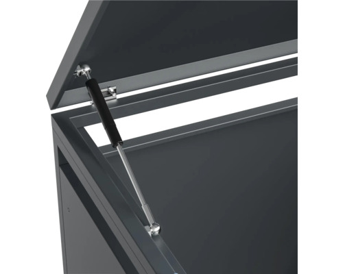 Detailansicht einer Aufbewahrungsbox mit Gasdruckfeder zur Deckelunterstützung