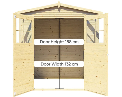 Holzgartenhaus mit offener Doppeltür, Türhöhe 188 Zentimeter, Türbreite 132 Zentimeter