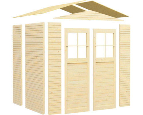 Holzgartenhaus Bausatz mit Wänden, Fenstertüren und Dachelementen
