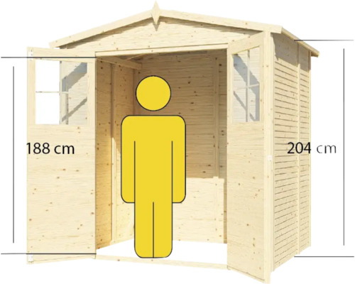 Holzgartenhaus mit geöffneten Türen und Höhenangabe