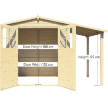 Holzgartenhaus mit geöffneten Doppeltüren und Carport, Türhöhe 188 cm, Türbreite 132 cm, Höhe Carport 179 cm