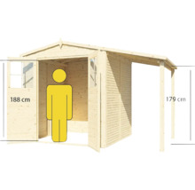 Abbildung eines Holzgartenhauses mit geöffneter Tür und seitlichem Vordach, Größenangabe