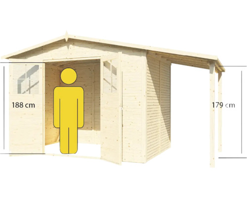 Gartenhaus aus Holz mit einer Höhe von 188 cm und einem Vordach von 179 cm
