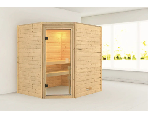 Ecksauna aus Holz mit Glastür und Innenbeleuchtung