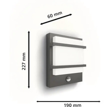 Wandleuchte mit Bewegungsmelder und den Maßen 227 mm Höhe, 190 mm Breite und 60 mm Tiefe.