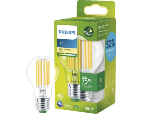Philips LED Lampe E27 mit 5,2 Watt und warmweissem Licht im Karton