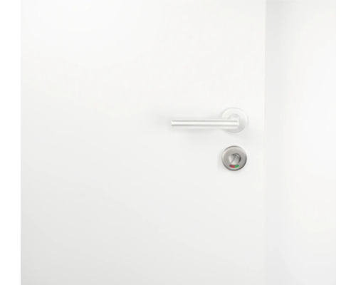 Weiße Tür mit Türgriff und Schloss mit Besetztanzeige