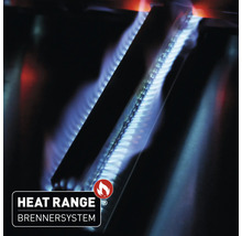 Detailaufnahme eines eingeschalteten Grills mit dem Heat Range Brennersystem.