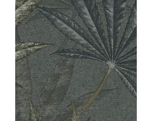 Nahaufnahme einer grauen Strukturtapete mit Palmenblattmuster