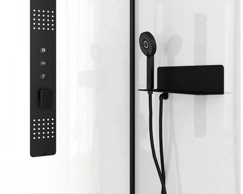 Duschpaneel mit Handbrause und Ablage im Duschbereich.