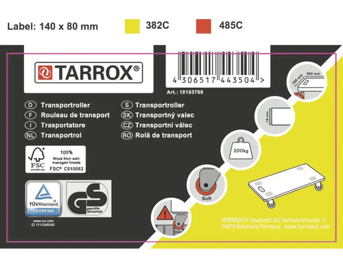 Tarrox Logo, FSC Siegel, TUEV Rheinland Siegel, Gepruefte Sicherheit Siegel, Barcode, Produktdetails und Maßangaben zum Transportroller