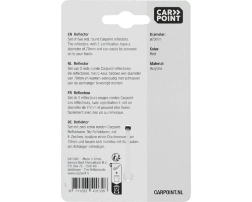 Set aus zwei roten runden Carpoint Reflektoren mit E-Prüfzeichen und 70 Millimeter Durchmesser