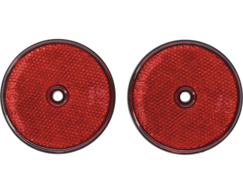 Zwei runde, rote Rückstrahler mit zentraler Montageöffnung