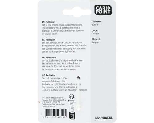 Set aus zwei runden, orangefarbenen Carpoint Reflektoren mit einem Durchmesser von 70 Millimeter aus Acrylat.
