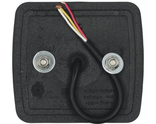 Rückseite einer rechteckigen Leuchte mit Kabel und Befestigungsschrauben