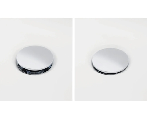 Zwei runde, glänzende Ablaufstopfen für Waschbecken