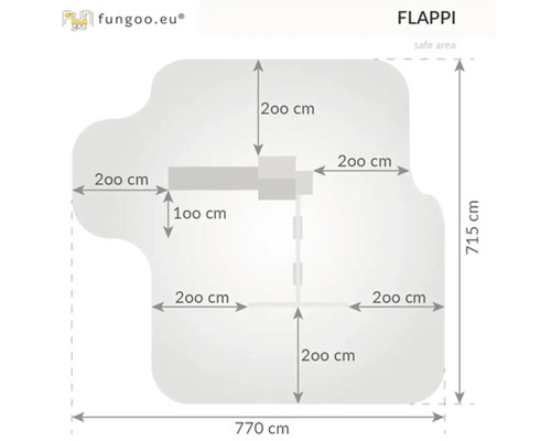 Flappi Spielplatz Abmessungen: 770 cm Breite, 715 cm Höhe, 200 cm Tiefe