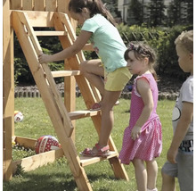 Kinder spielen auf einem Spielturm mit Leiter im Garten.