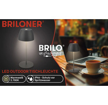 Briloner Logo. LED-Tischleuchte für den Außenbereich mit Spritzwasserschutz.