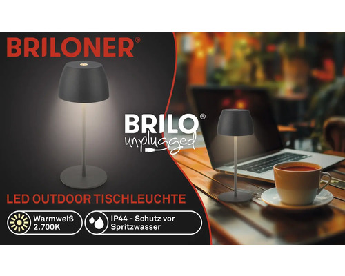 Briloner Logo. LED-Tischleuchte für den Außenbereich mit Spritzwasserschutz.