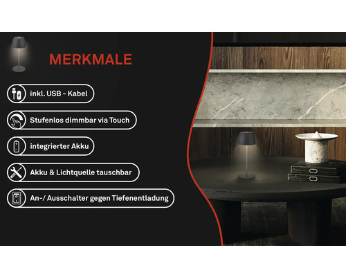 Tischleuchte mit den Merkmalen: inklusive USB Kabel, stufenlos dimmbar per Touch, integrierter Akku, Akku und Lichtquelle austauschbar, An- und Ausschalter gegen Tiefenentladung