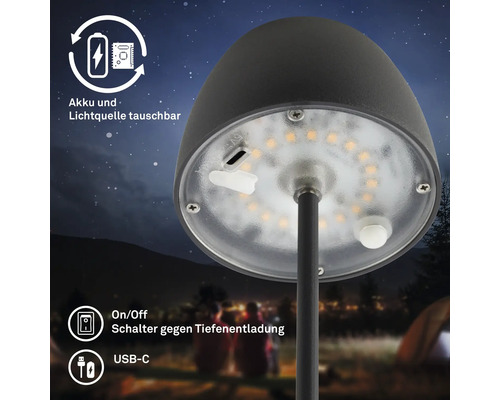 Detailansicht einer Gartenlampe mit LED-Leuchtmittel, Akku, USB-C Anschluss und Ein- beziehungsweise Ausschalter