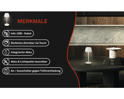Merkmale einer Akku Tischleuchte mit USB-Kabel, Touch-Dimmer, austauschbarer Batterie und Lichtquelle sowie Tiefentladungsschutz.