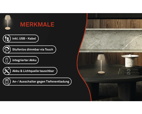 Tischleuchte mit USB Kabel, Touchdimmer, integriertem Akku und Schalter gegen Tiefenentladung
