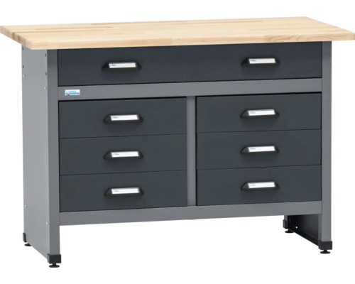 Werkbank mit Schubladen und Holzplatte