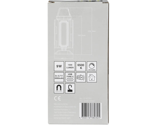 Verpackung einer dimmbaren 9 Watt Lampe mit 1500 Lumen, 6500 Kelvin, USB Typ C Anschluss und Magnetbefestigung