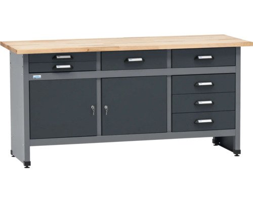 Werkbank mit Holzplatte, Schubladen und Schrankfächern