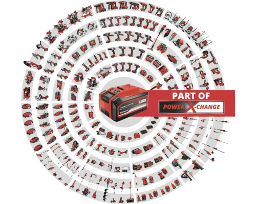 Ein Einhell Power X-Change Akku mit einer Auswahl an Werkzeugen, die mit dem Akku kompatibel sind.