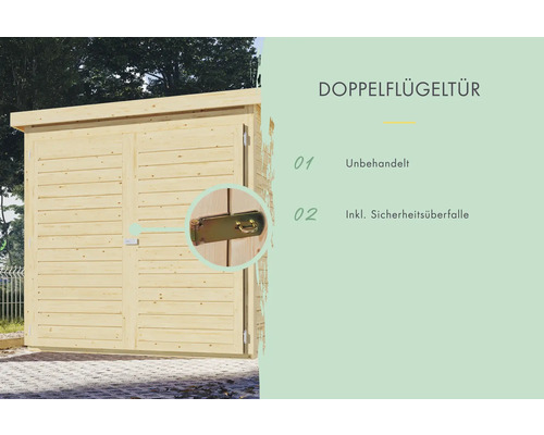 Doppelflügeltür für ein Gartenhaus, unbehandelt, inklusive Sicherheitsüberfalle