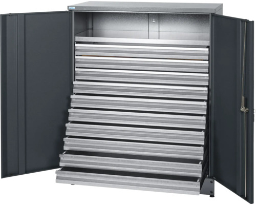 Grauer Stahlschrank mit Schubladen für die Werkstatt